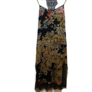 ZARA satin effect gold floral print black midi dress Size XS